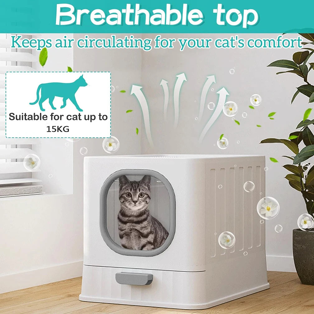 Leak-proof Enclosed Cat Litter Box Pull Drawer Kitten Training Toilet with Scoop and Lid Anti-Splashing
