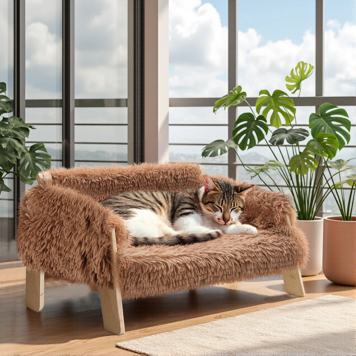 Large Cat Bed Sturdy Wooden Leg Raised Plush Cat Sofa Bed Kitten Bed for Indoor Cats - Soft Cat Couch