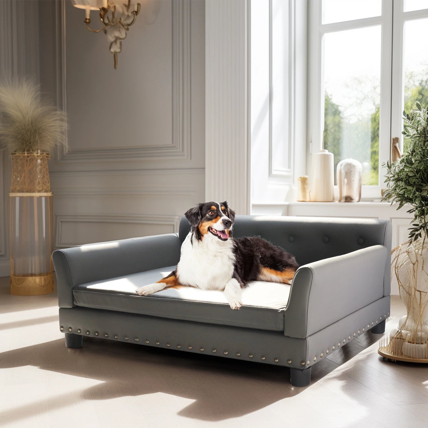 Elevated Dog Bed Sofa Mat Microfiber Leather Cover for Large Pet Snuggle Lounge Chair with Removable Cushion