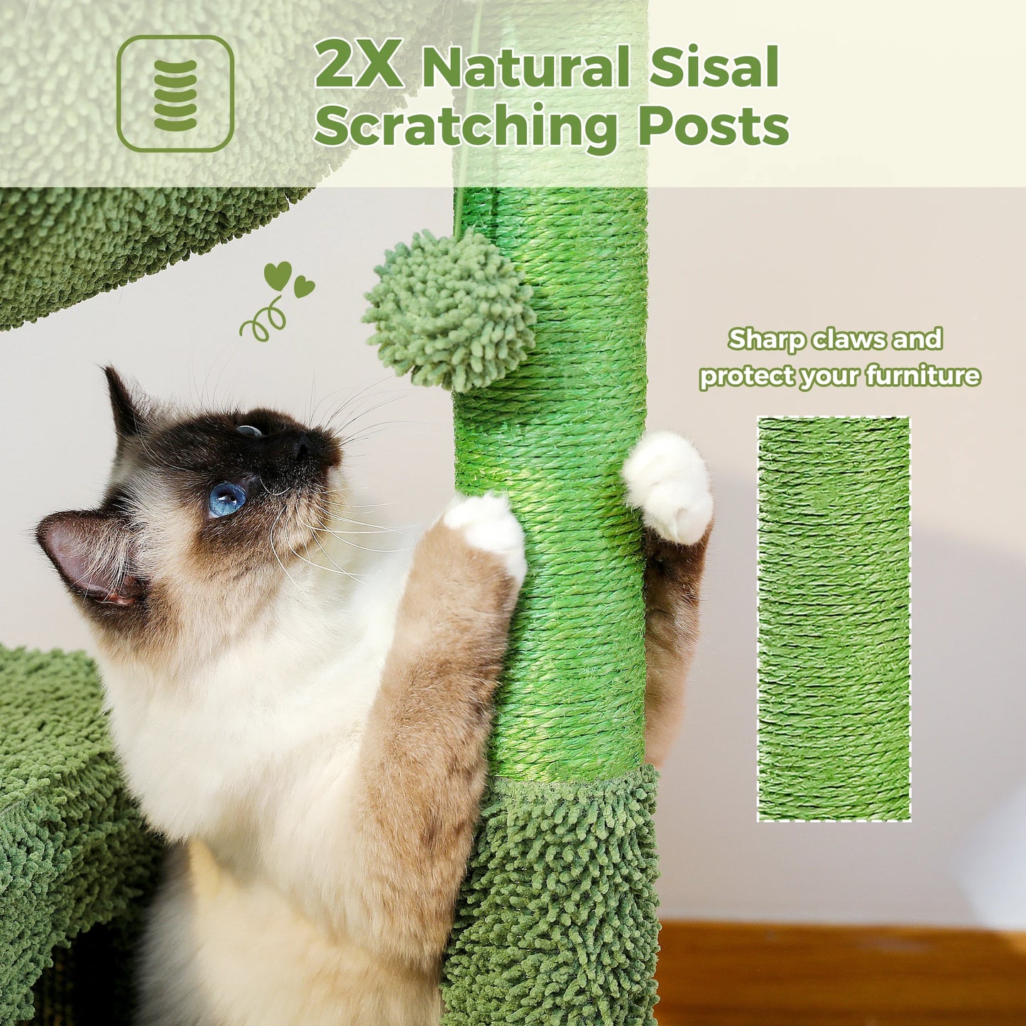 Cactus Cat Tree with Lagre Condo, Hammock, Dangling Ball, Small Cat Tower, Cat Scratching Post for Indoor, Cat Toys