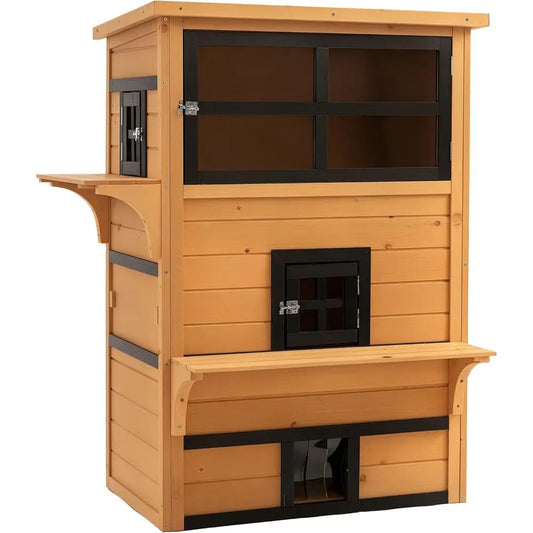 Outdoor Kitten Shelter with Raised Floor, Asphalt Roof, Easy Door, and Jumping Platforms - Yellow