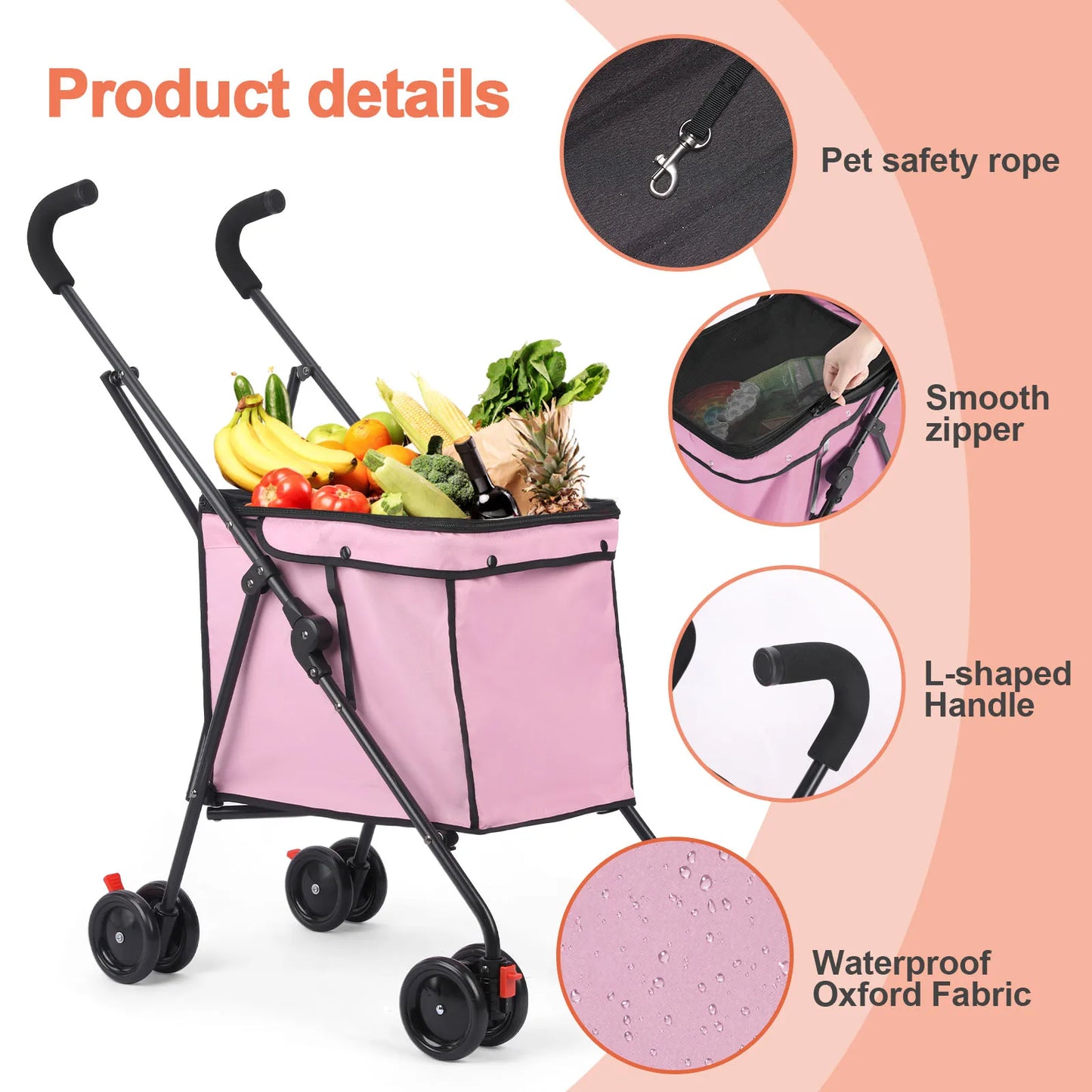 Shopping Trolley, 33lbs, 4 Wheels Dog Stroller, Rotate Pet Puppy Stroller, Folding Travel Hand Cart