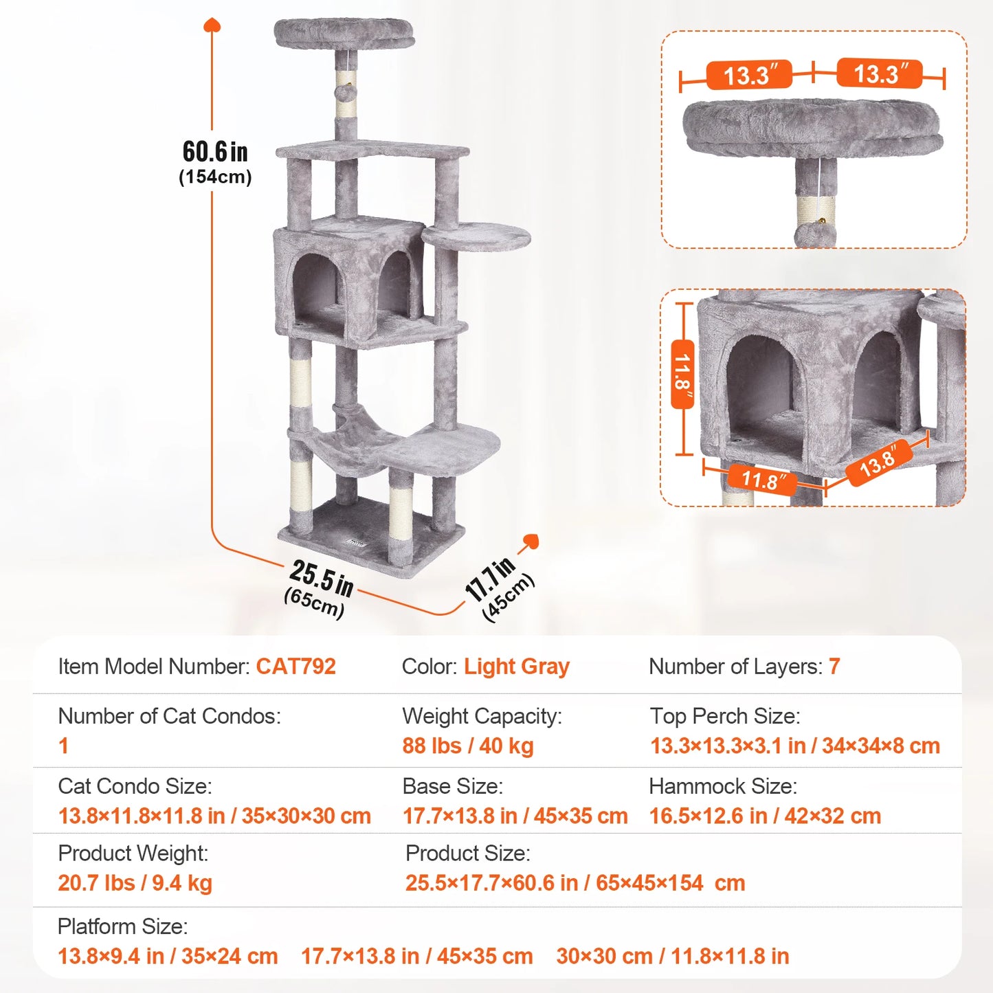 Cat Tree for Indoor Cats Cat Tower with Cat Condo Sisal Scratching Post HammockTop Perch Jumping Platforms Dark Grey