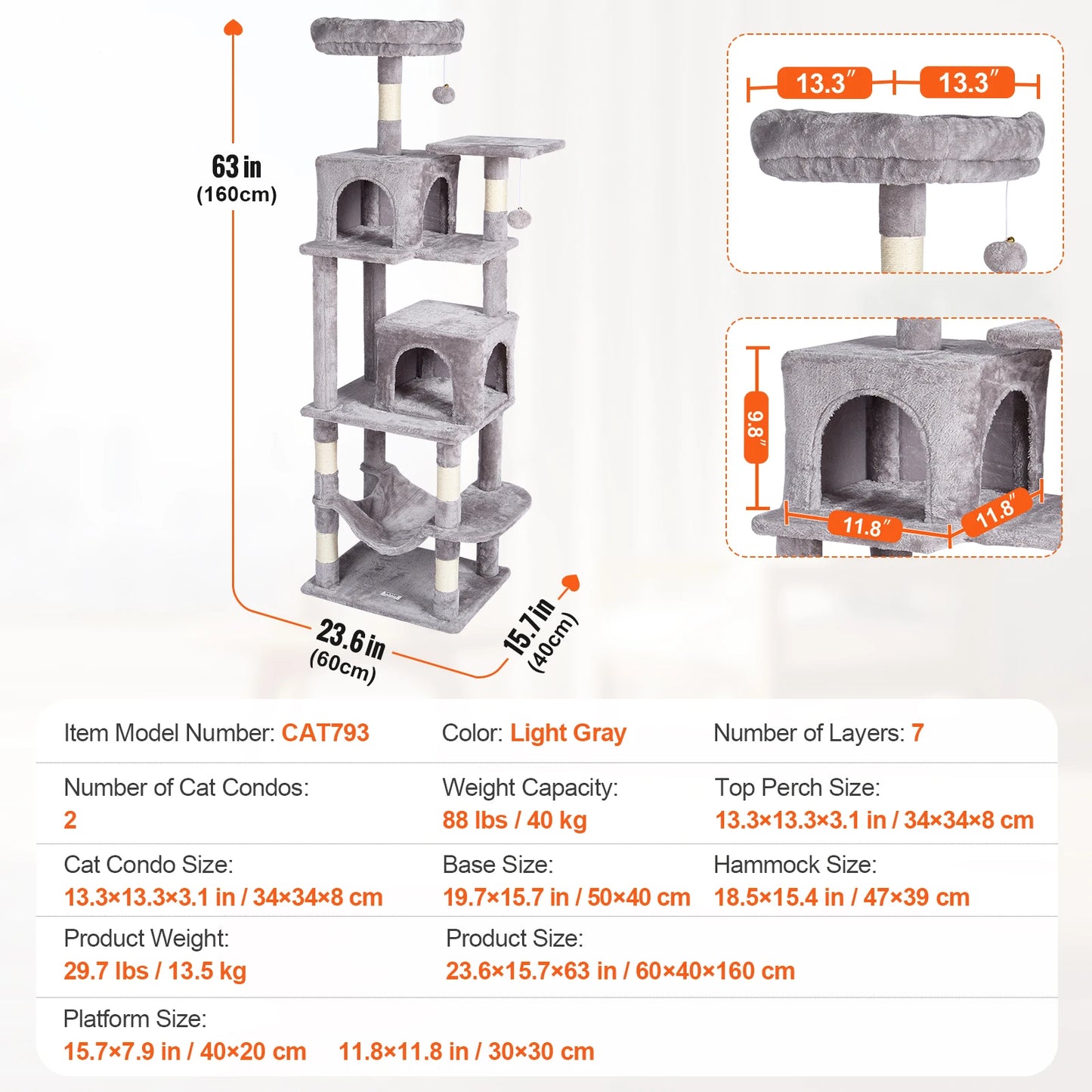 Cat Tree for Indoor Cats Cat Tower with Cat Condo Sisal Scratching Post HammockTop Perch Jumping Platforms Dark Grey