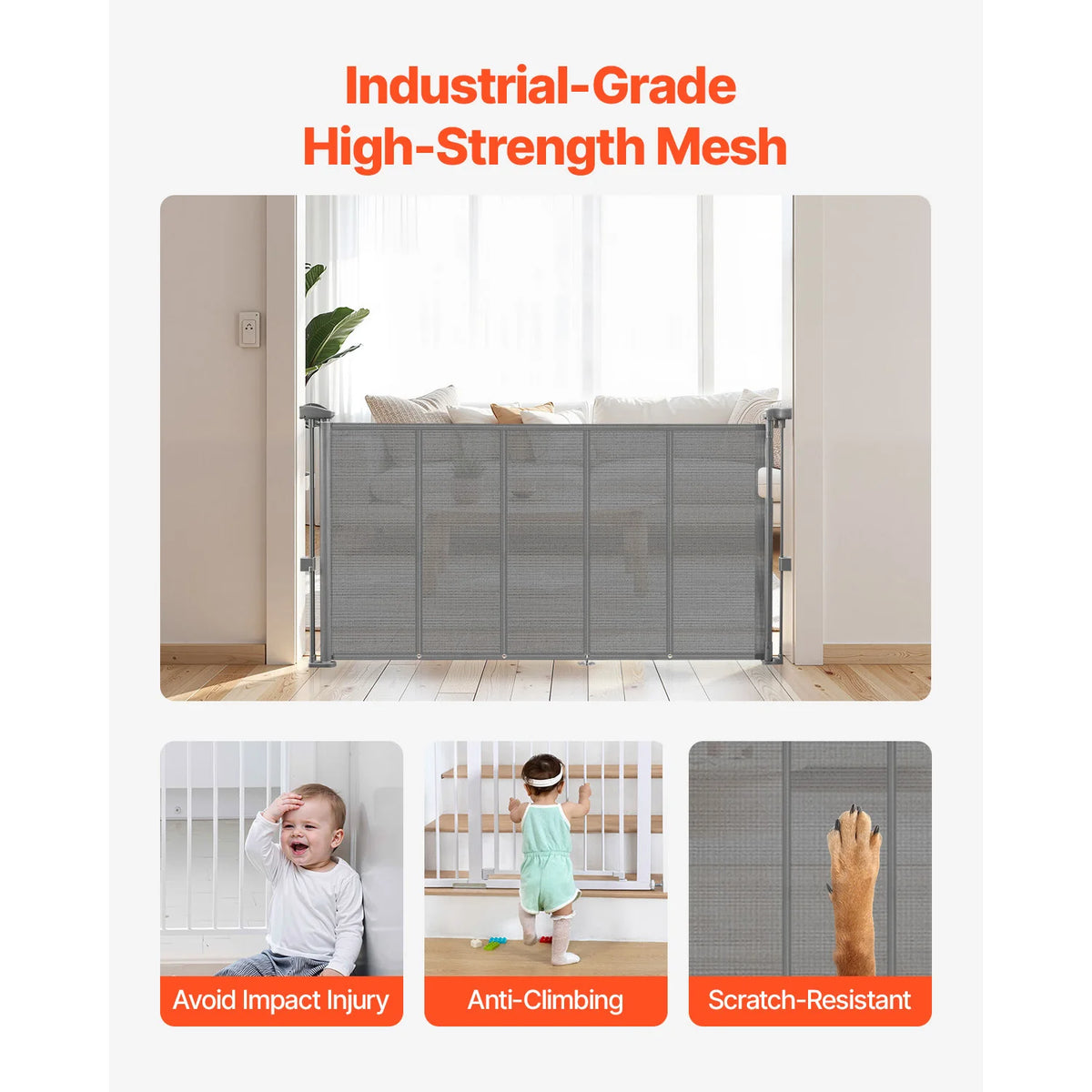 SucceBuy 55/71/110in Retractable Baby Gate 34in Tall Extends Wide Retractable Gate for Kids Pets Mesh Material Easy to Install
