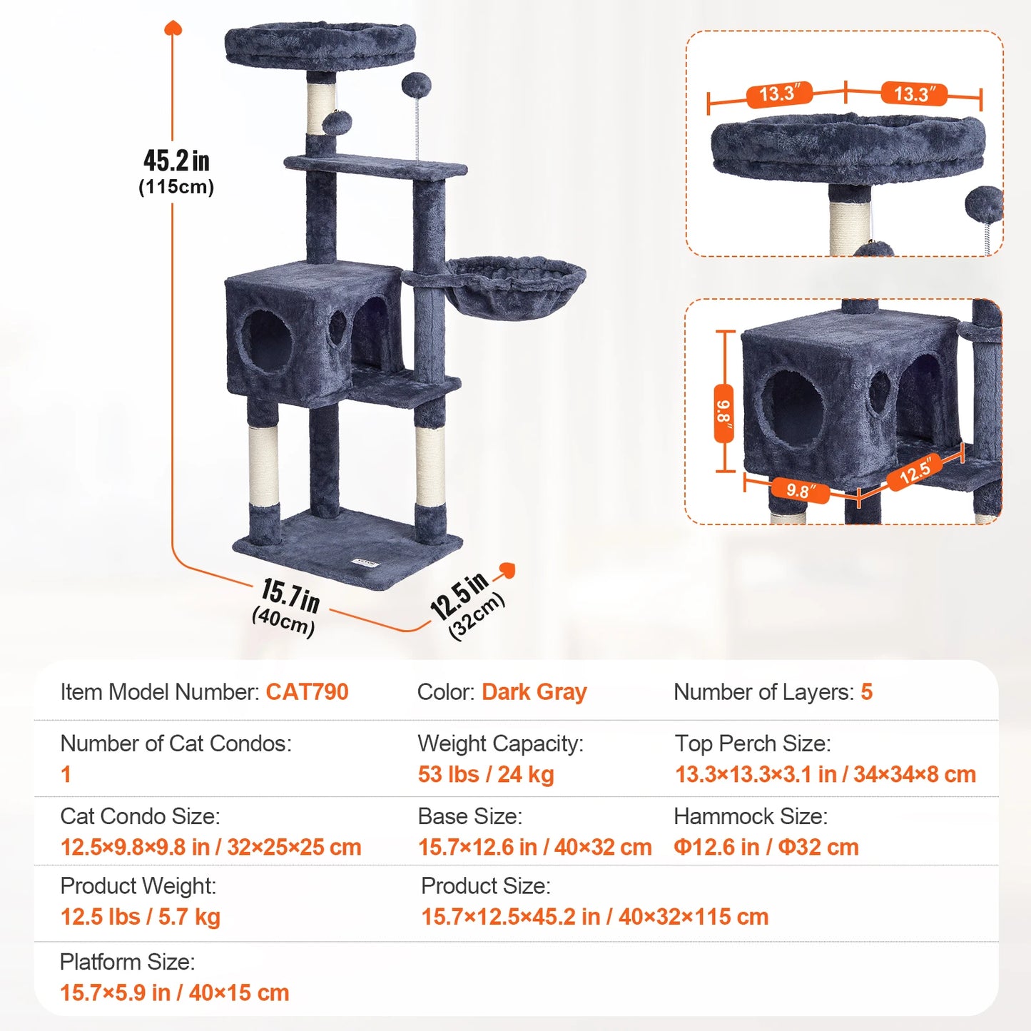 Cat Tree for Indoor Cats Cat Tower with Cat Condo Sisal Scratching Post HammockTop Perch Jumping Platforms Dark Grey