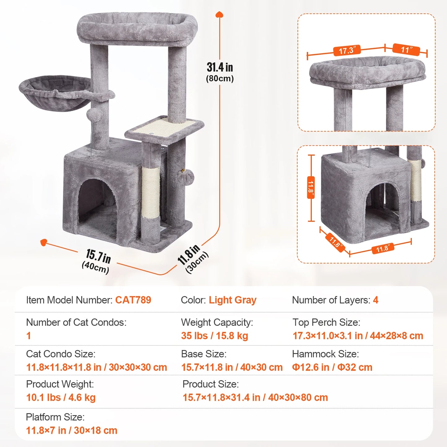 Cat Tree for Indoor Cats Cat Tower with Cat Condo Sisal Scratching Post HammockTop Perch Jumping Platforms Dark Grey