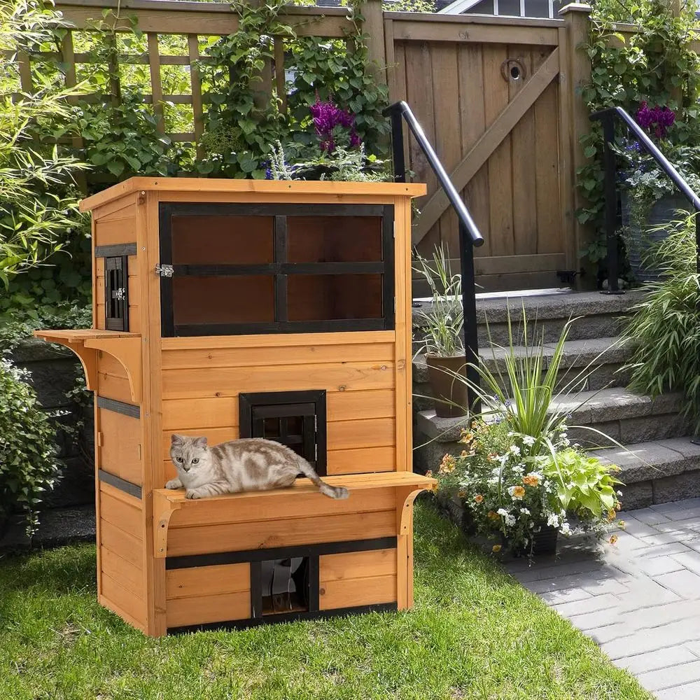 Outdoor Kitten Shelter with Raised Floor, Asphalt Roof, Easy Door, and Jumping Platforms - Yellow