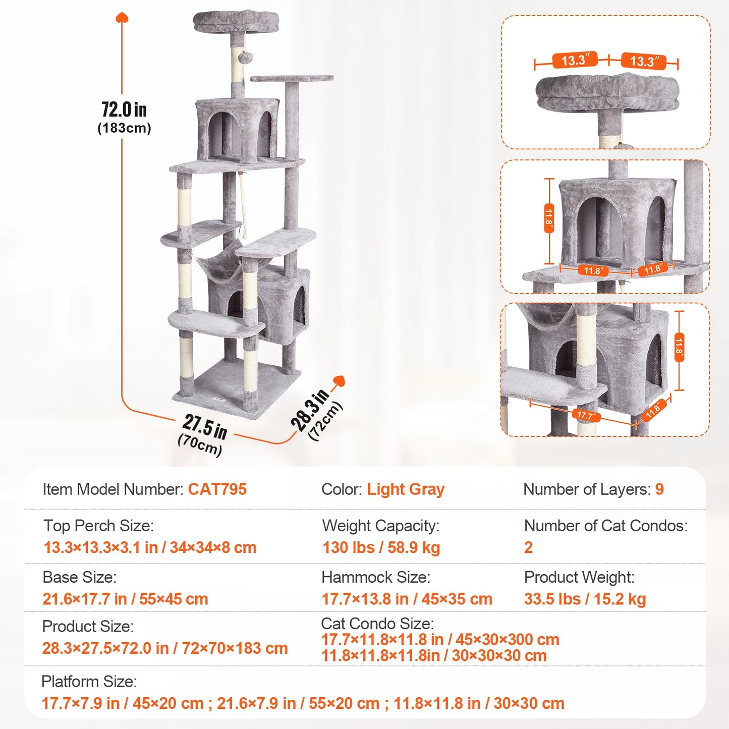Cat Tree for Indoor Cats Cat Tower with Cat Condo Sisal Scratching Post HammockTop Perch Jumping Platforms Dark Grey