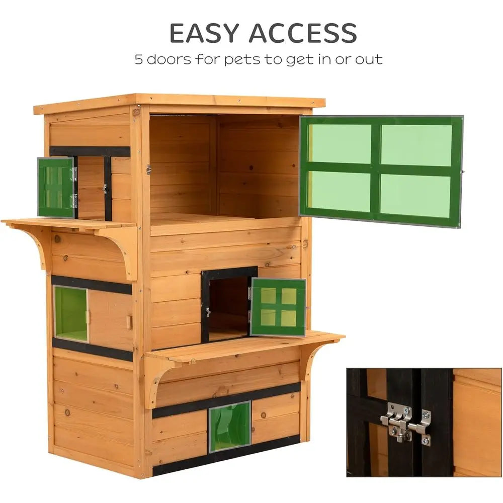 Outdoor Kitten Shelter with Raised Floor, Asphalt Roof, Easy Door, and Jumping Platforms - Yellow