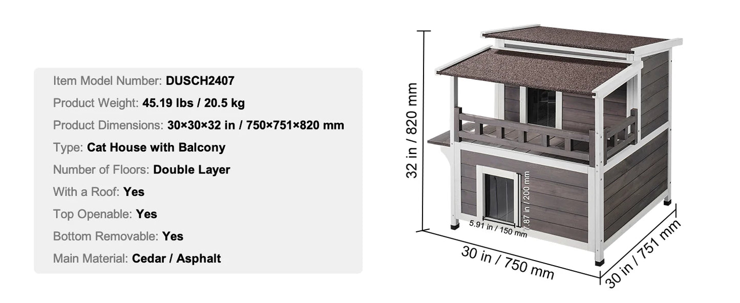 Outdoor Cat House Weatherproof Feral Cat Shelter 2-story Large Outdoor Wooden Cat House with Balcony Door and Open Roof