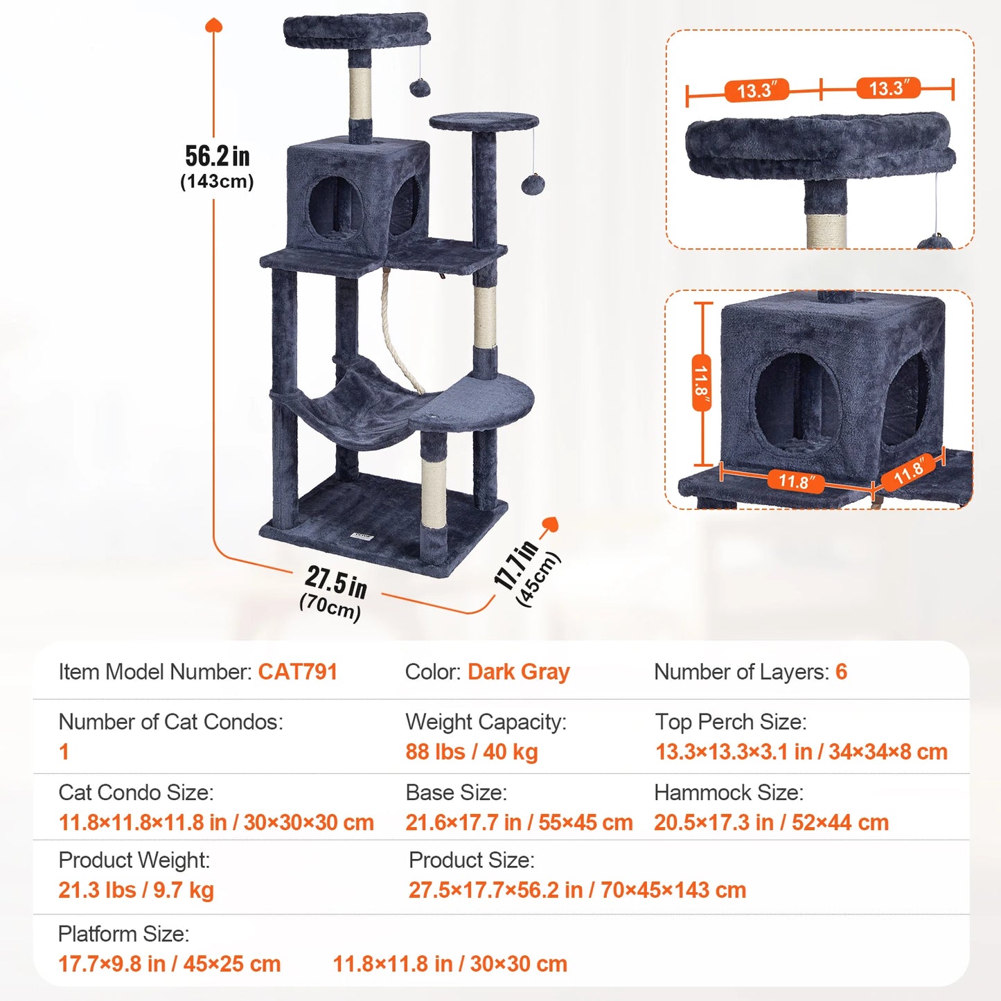 Cat Tree for Indoor Cats Cat Tower with Cat Condo Sisal Scratching Post HammockTop Perch Jumping Platforms Dark Grey