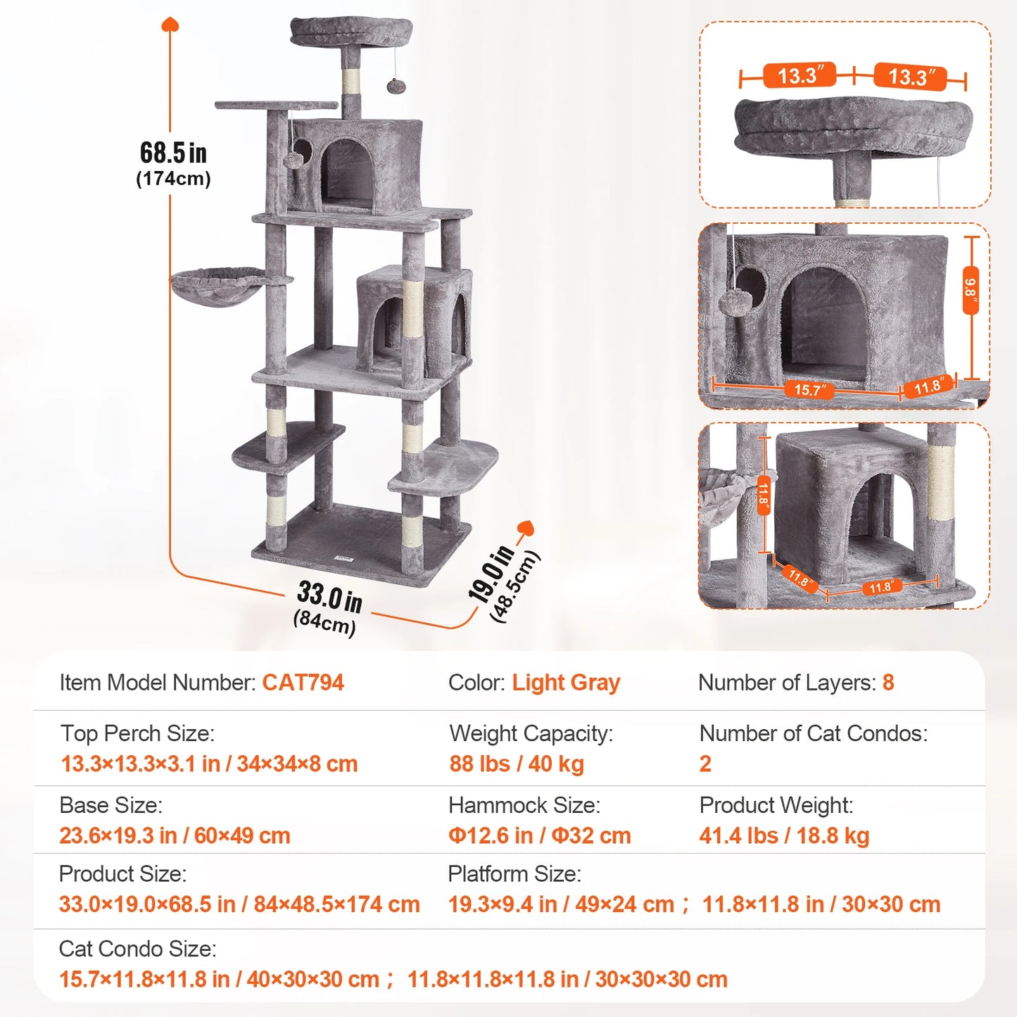 Cat Tree for Indoor Cats Cat Tower with Cat Condo Sisal Scratching Post HammockTop Perch Jumping Platforms Dark Grey