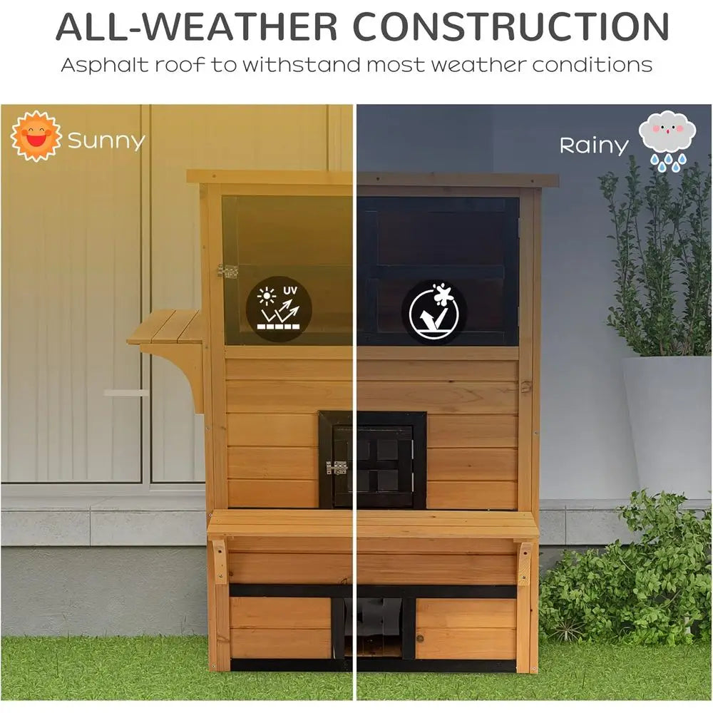 Outdoor Kitten Shelter with Raised Floor, Asphalt Roof, Easy Door, and Jumping Platforms - Yellow