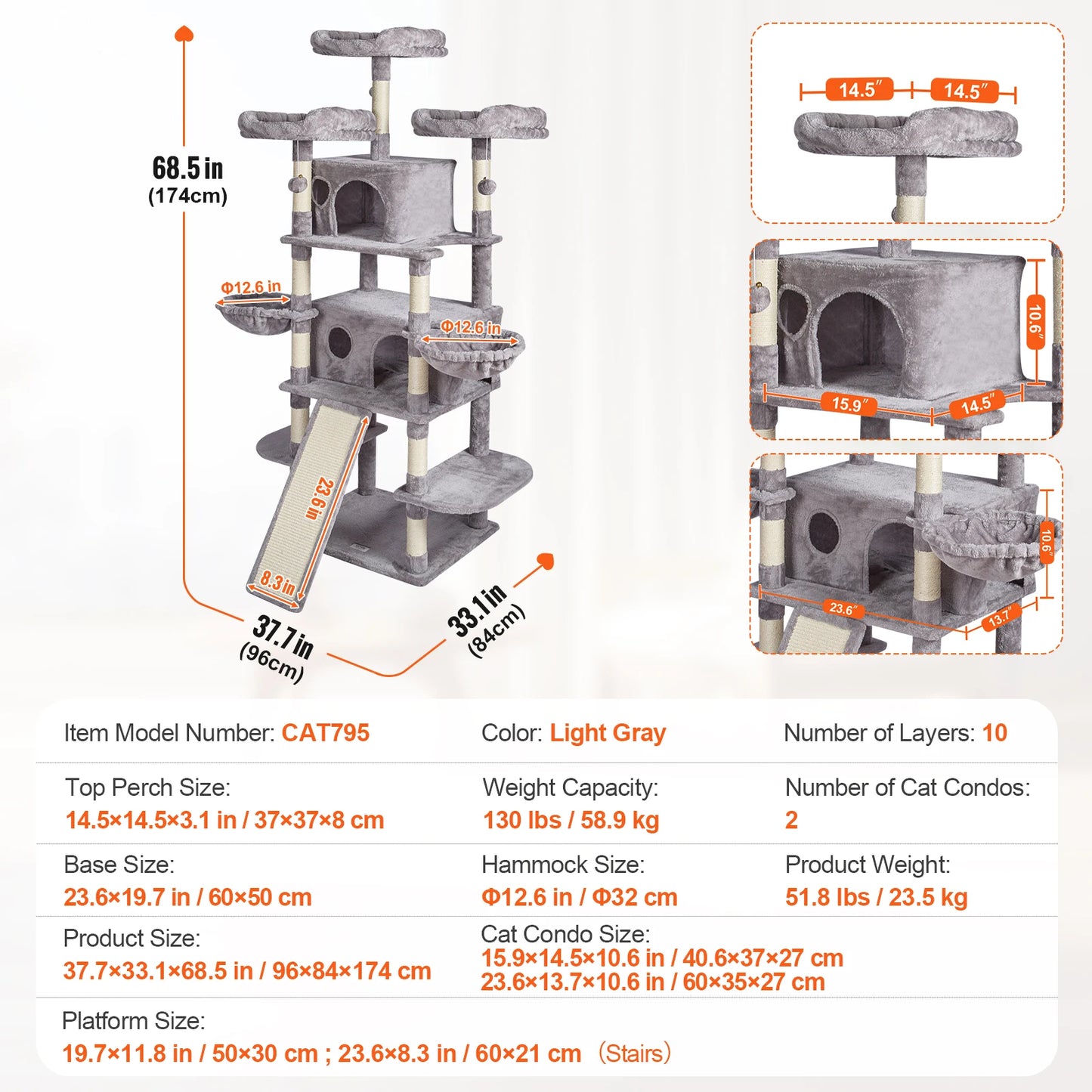 Cat Tree for Indoor Cats Cat Tower with Cat Condo Sisal Scratching Post HammockTop Perch Jumping Platforms Dark Grey