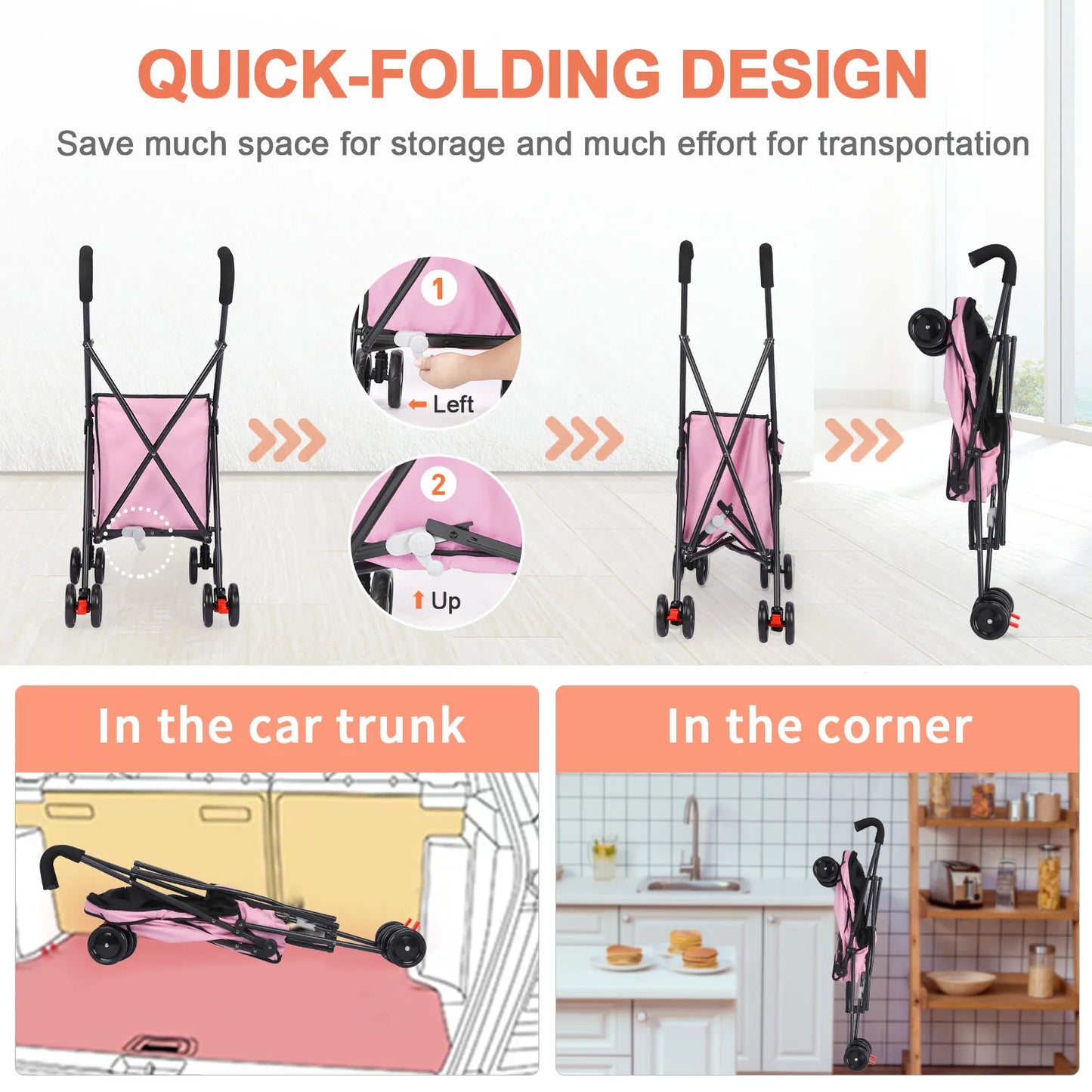 Shopping Trolley, 33lbs, 4 Wheels Dog Stroller, Rotate Pet Puppy Stroller, Folding Travel Hand Cart