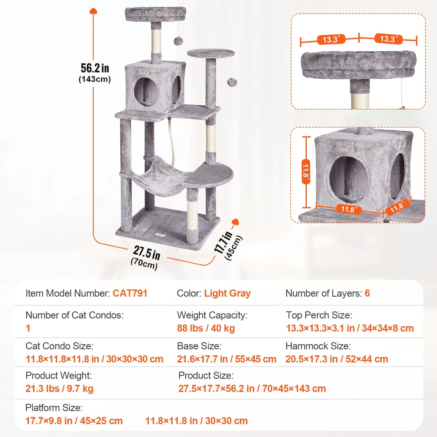 Cat Tree for Indoor Cats Cat Tower with Cat Condo Sisal Scratching Post HammockTop Perch Jumping Platforms Dark Grey