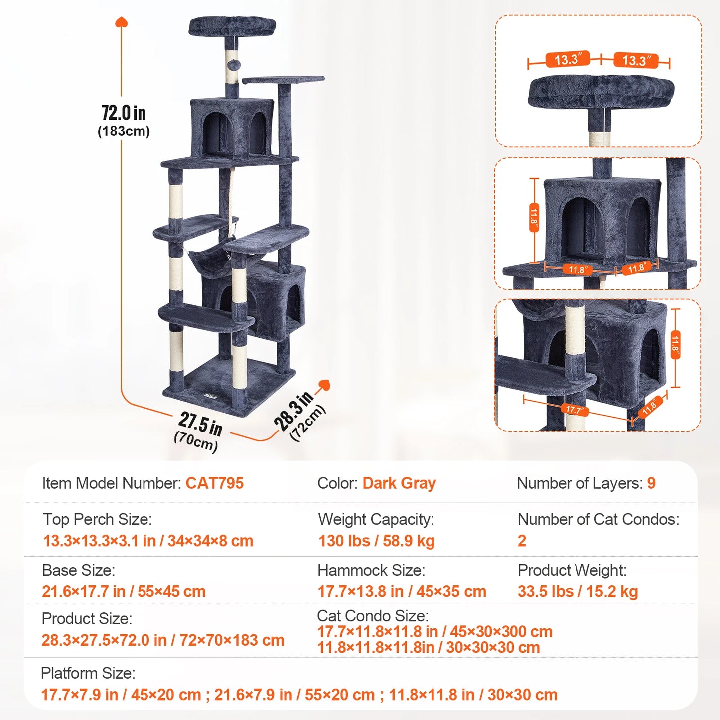 Cat Tree for Indoor Cats Cat Tower with Cat Condo Sisal Scratching Post HammockTop Perch Jumping Platforms Dark Grey
