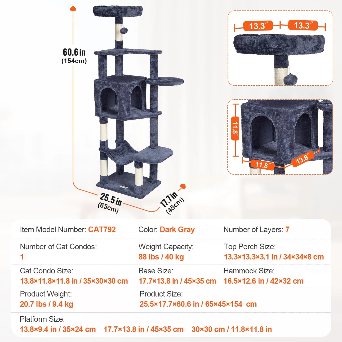 Cat Tree for Indoor Cats Cat Tower with Cat Condo Sisal Scratching Post HammockTop Perch Jumping Platforms Dark Grey