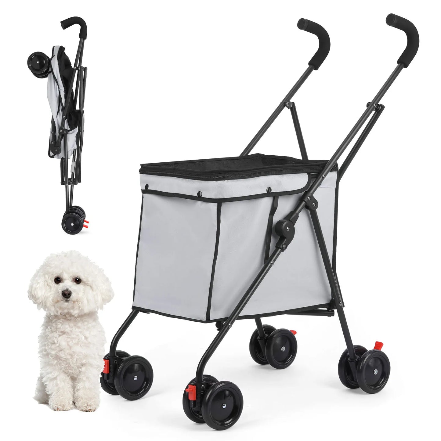 Shopping Trolley, 33lbs, 4 Wheels Dog Stroller, Rotate Pet Puppy Stroller, Folding Travel Hand Cart