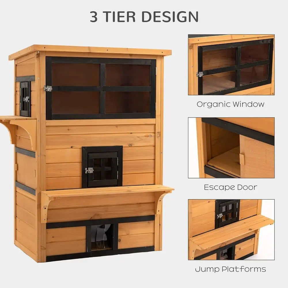 Outdoor Kitten Shelter with Raised Floor, Asphalt Roof, Easy Door, and Jumping Platforms - Yellow