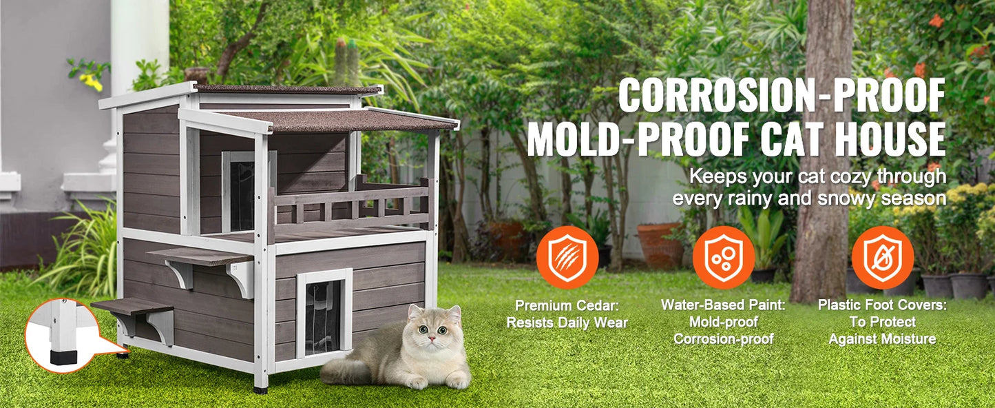 Outdoor Cat House Weatherproof Feral Cat Shelter 2-story Large Outdoor Wooden Cat House with Balcony Door and Open Roof