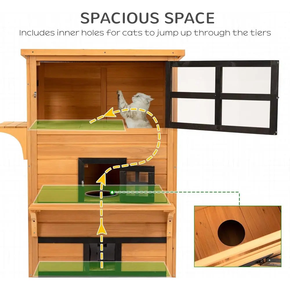 Outdoor Kitten Shelter with Raised Floor, Asphalt Roof, Easy Door, and Jumping Platforms - Yellow