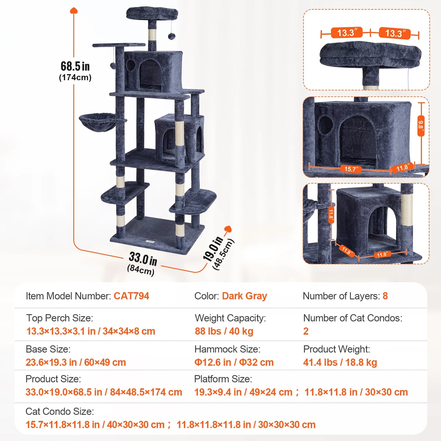 Cat Tree for Indoor Cats Cat Tower with Cat Condo Sisal Scratching Post HammockTop Perch Jumping Platforms Dark Grey