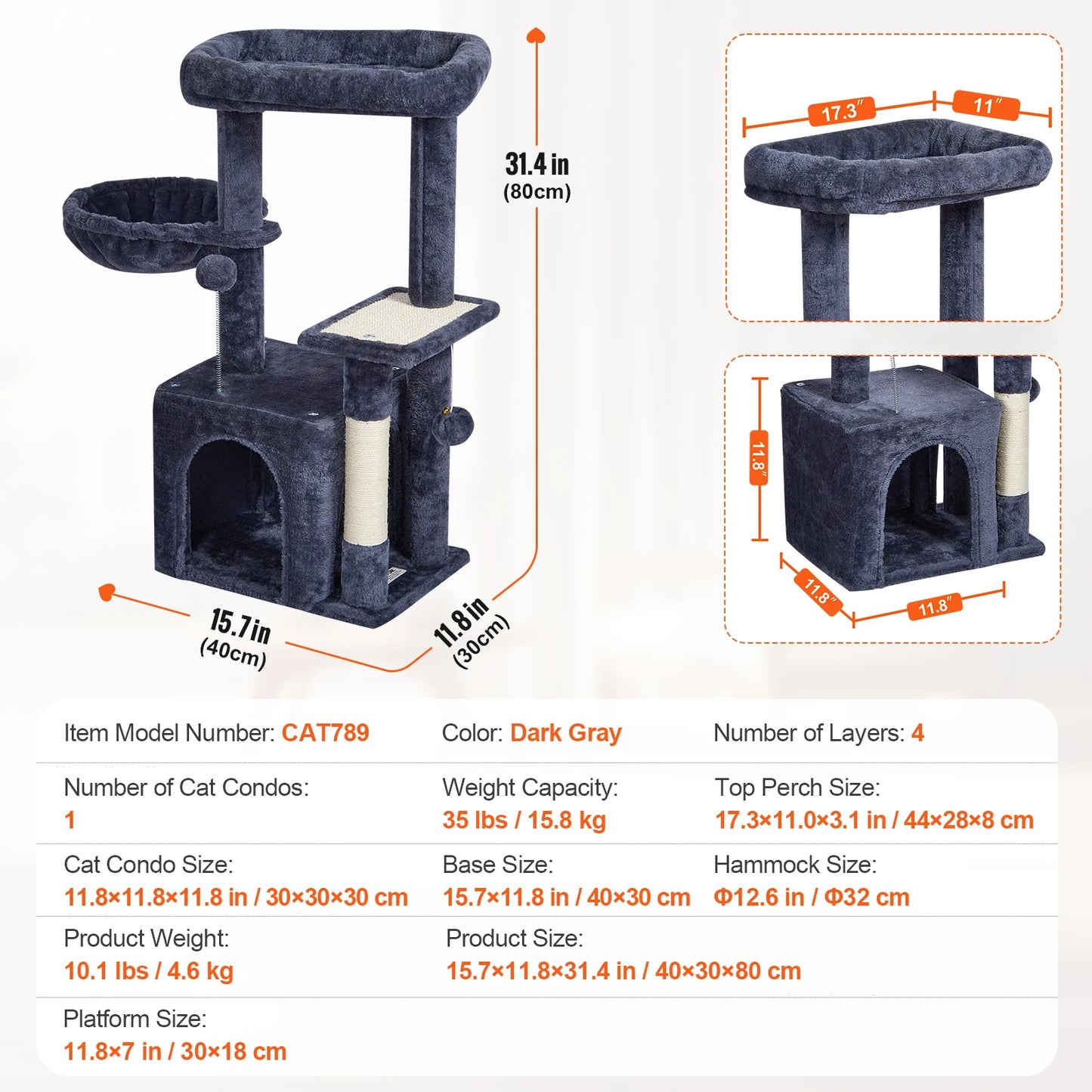Cat Tree for Indoor Cats Cat Tower with Cat Condo Sisal Scratching Post HammockTop Perch Jumping Platforms Dark Grey