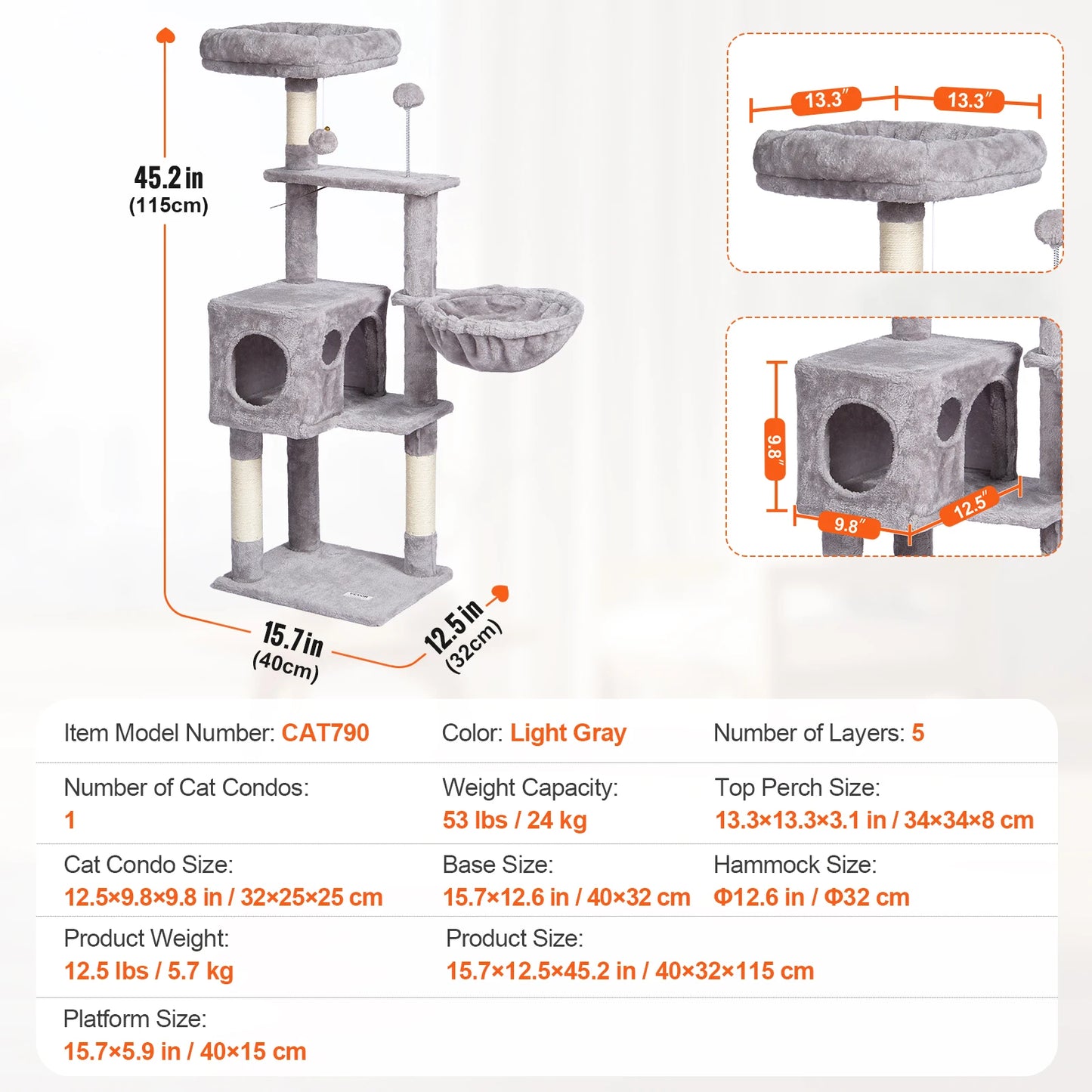 Cat Tree for Indoor Cats Cat Tower with Cat Condo Sisal Scratching Post HammockTop Perch Jumping Platforms Dark Grey
