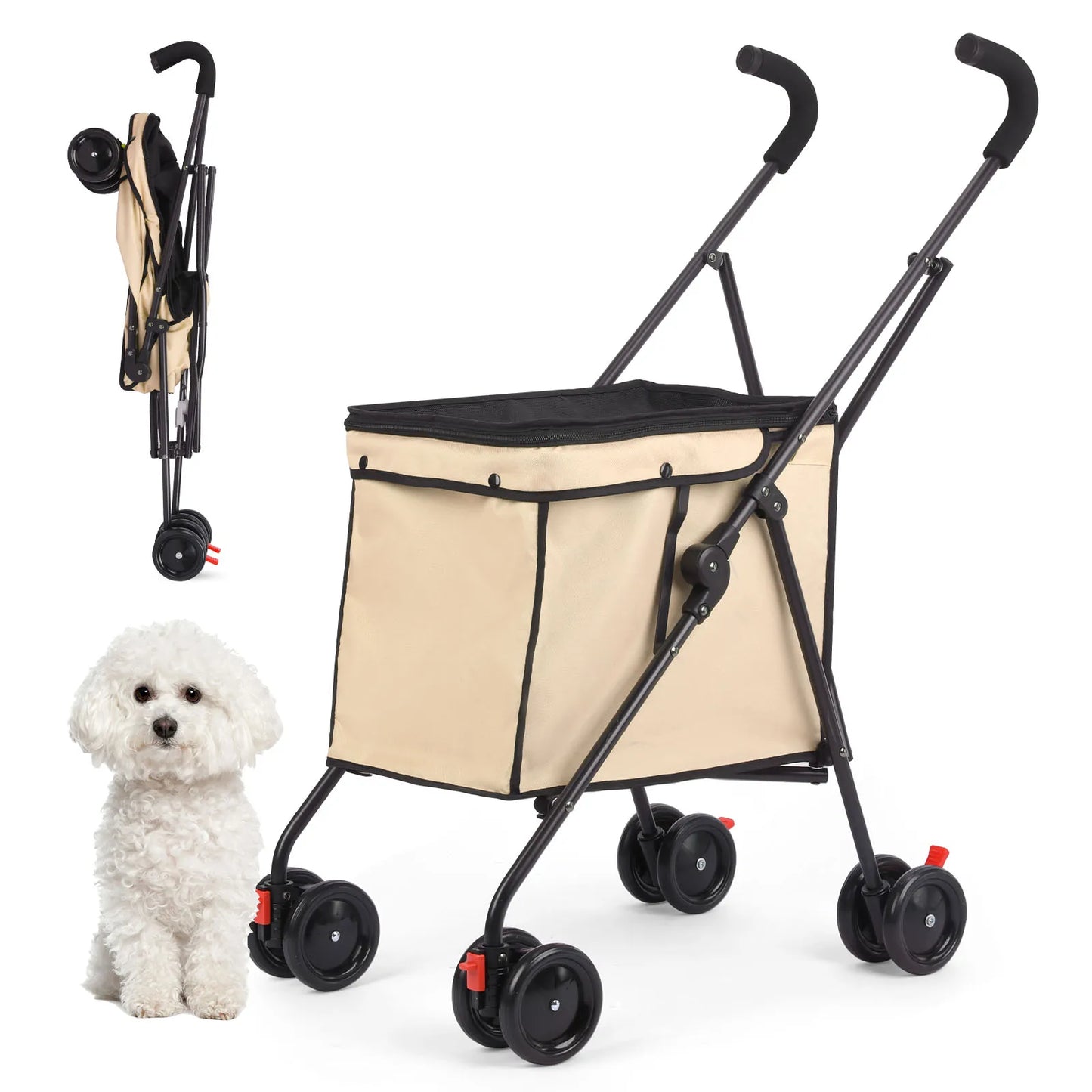 Shopping Trolley, 33lbs, 4 Wheels Dog Stroller, Rotate Pet Puppy Stroller, Folding Travel Hand Cart